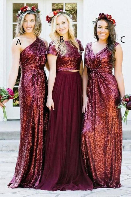 Sparkly Long Burgudny Sequin Shiny Wedding Party Dresses Bridesmaid Dresses