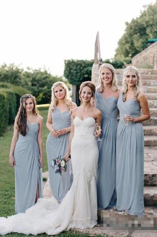 Flowy Long One Shoulder Cheap Chiffon Bridesmaid Dresses With Slit