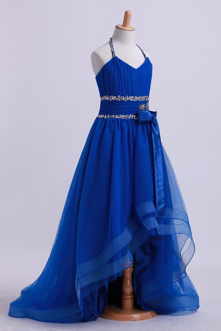 2024 Dark Royal Blue Halter A Line High Low Flower Girl Dresses Beaded Tulle