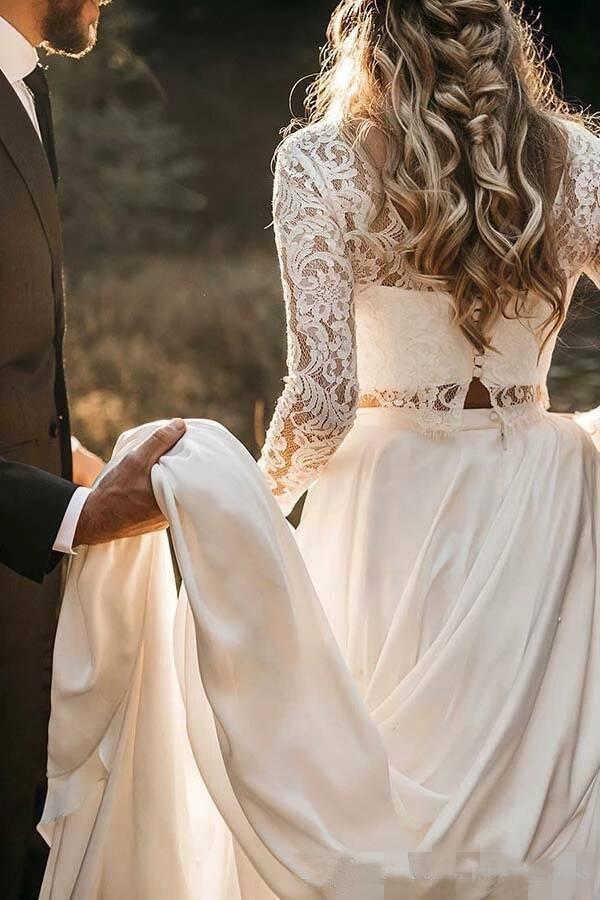 Long Sleeve Two Pieces Lace Round Neck Beach Wedding Dresses Chiffon Boho Bridal Gowns SRS14979