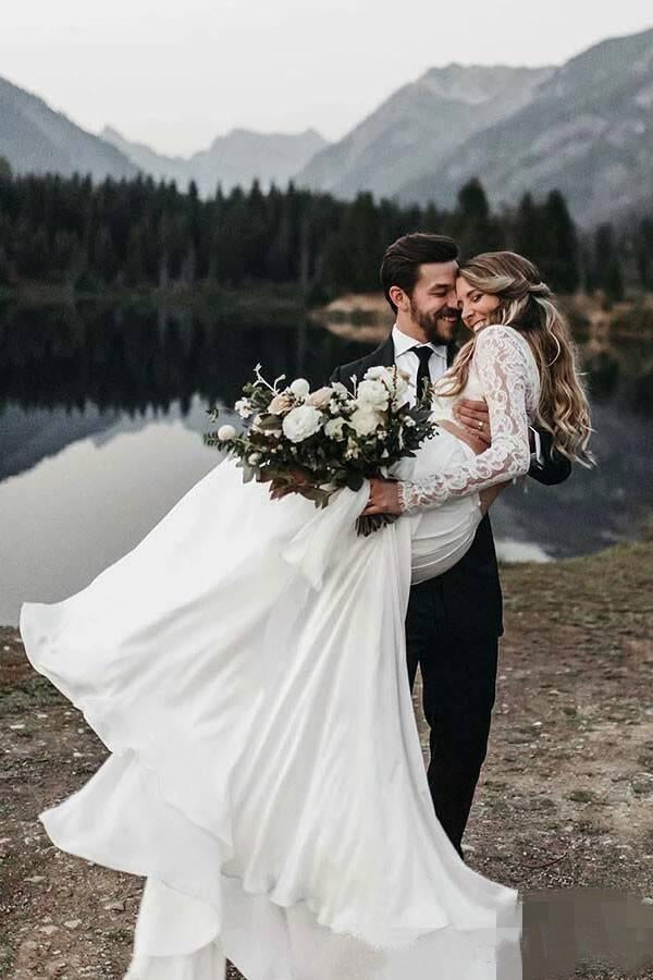 Long Sleeve Two Pieces Lace Round Neck Beach Wedding Dresses Chiffon Boho Bridal Gowns SRS14979