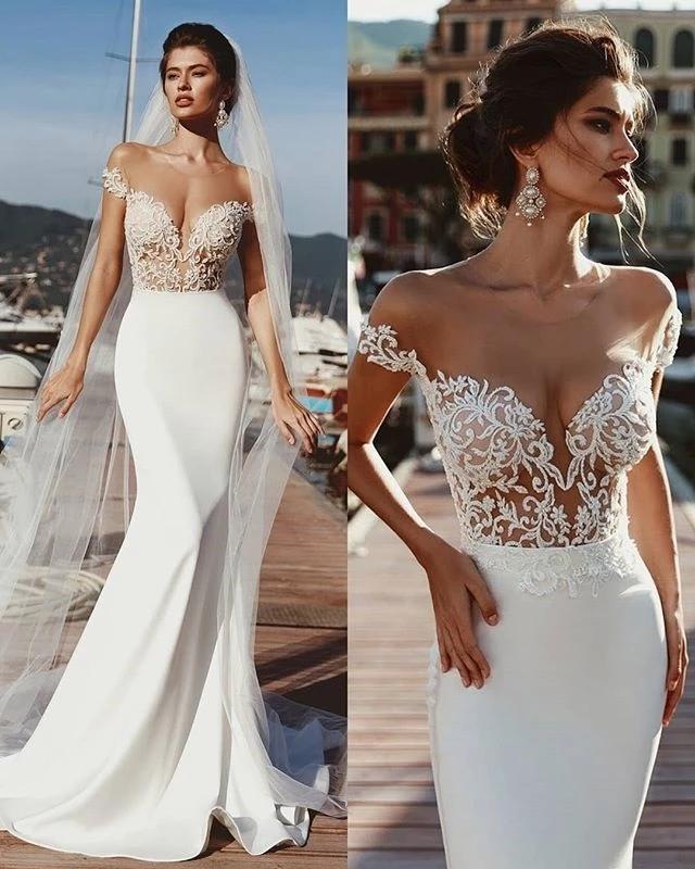 Stunning Mermaid Cap Sleeve Sheer Neck Long Wedding Dresses Beach Wedding Gowns SRS15437