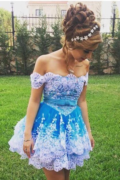 Cute Off the Shoulder Blue Lace Appliques Short Prom Gowns, Cute Homecoming Dresses SRS15135