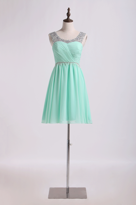 2024 Homecoming Dresses Bateau Short/Mini Chiffon With Beading And Ruffles