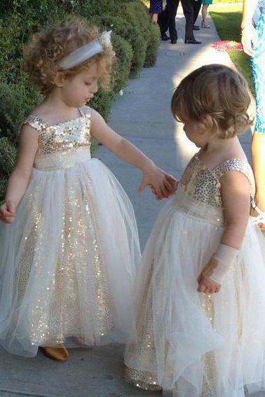 Cute Glitter A Line Gold Sequins Tulle Flower Girl Dresses, Little Girl Dresses SRS15573