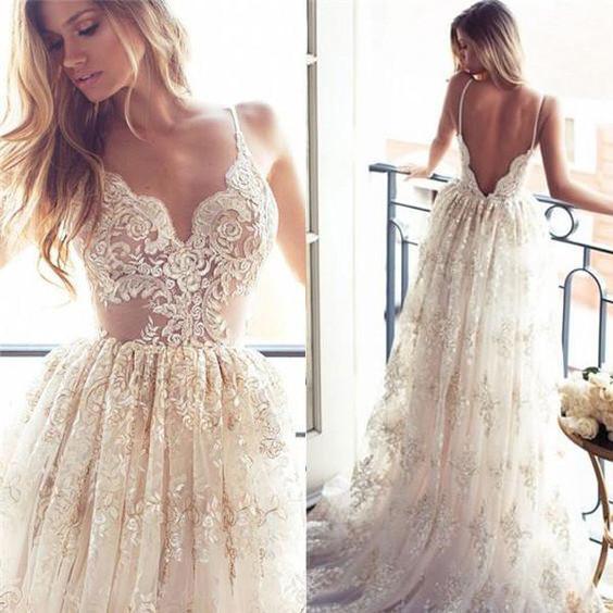 Lace A Line Sexy Spaghetti Straps Backless Beach Vintage Illusion Wedding Dresses RS349