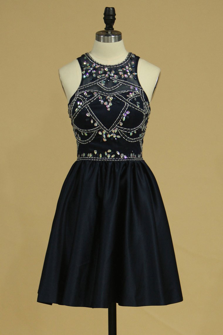 2024 Short/Mini Scoop Satin With Beading A Line Homecoming Dresses