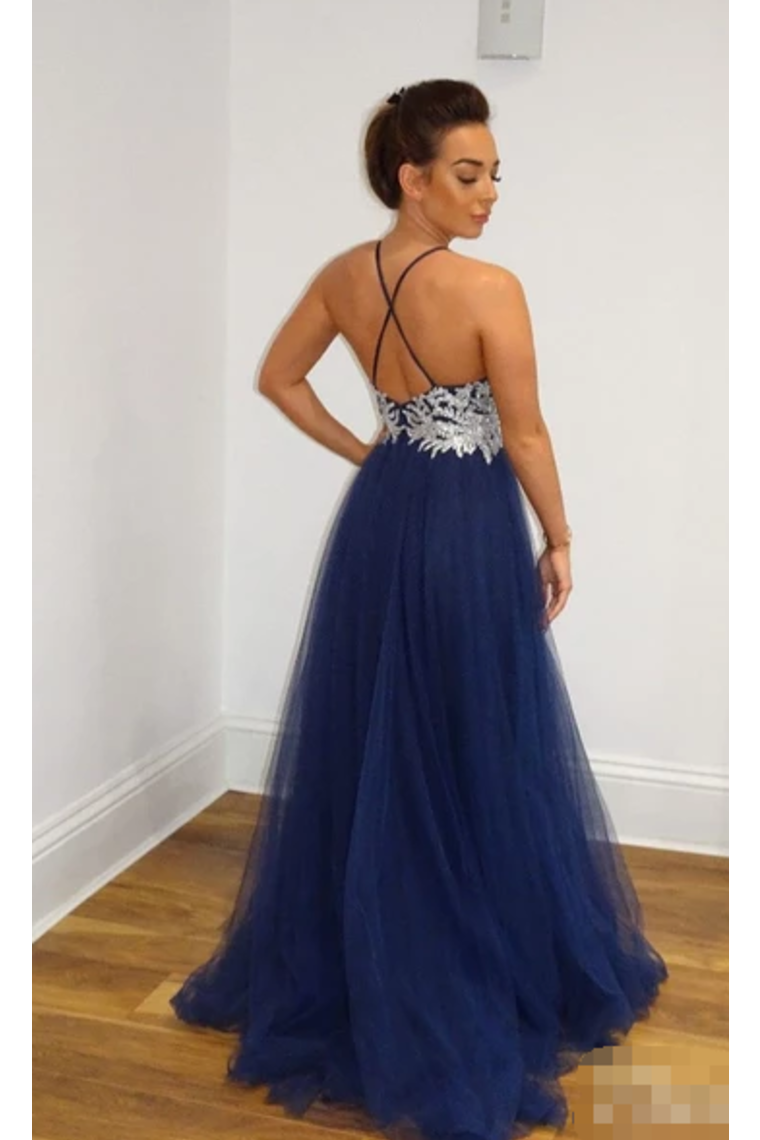 A Line Navy Blue Tulle Prom Dresses Spaghetti Back Crossed Straps Prom Gown