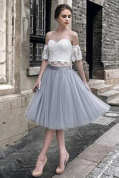 White Lace Tulle Two Pieces Off Shoulder Short Sleeve Short Prom Dress Homecoming Dress RS454