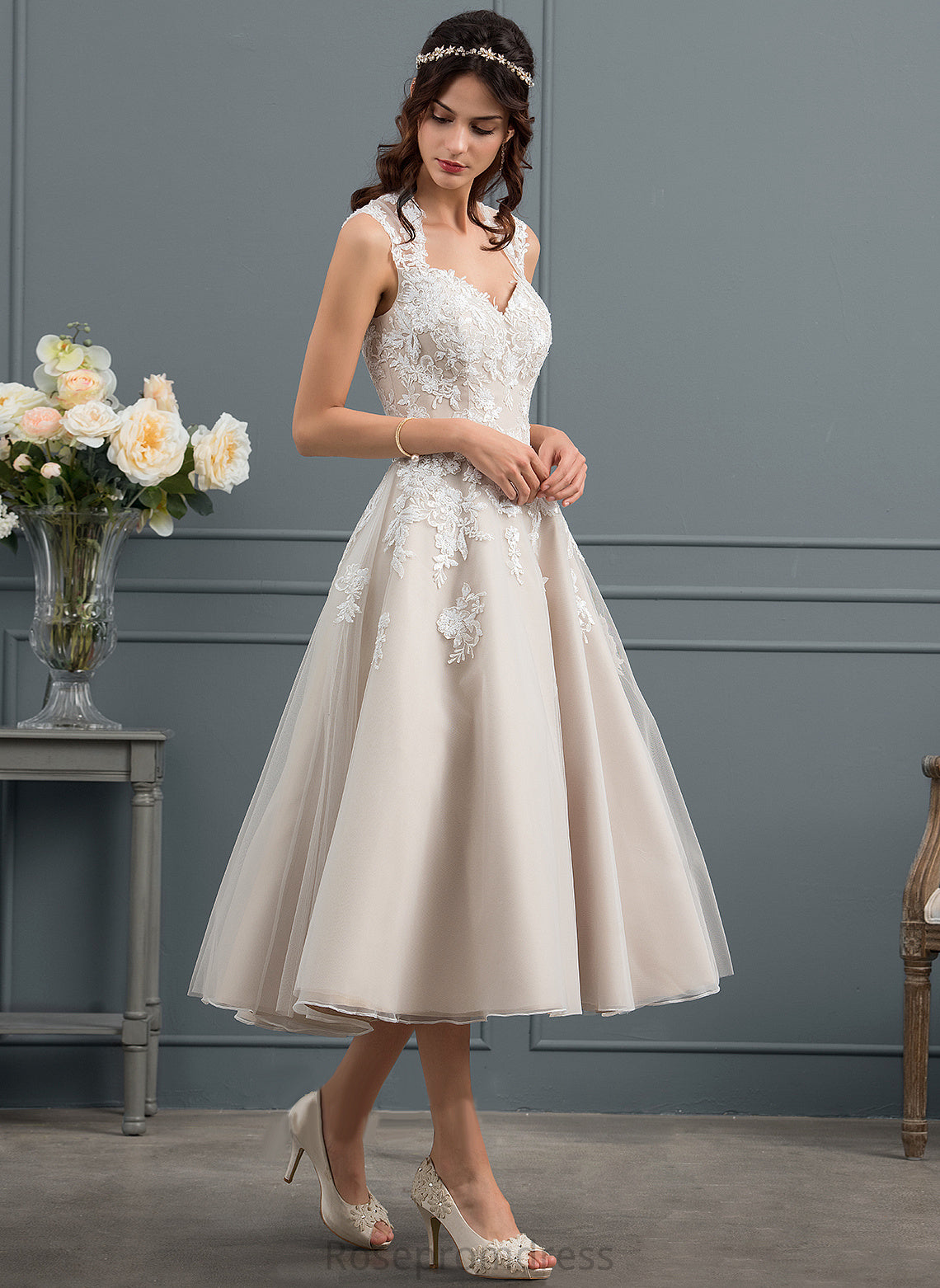 Tea-Length Sweetheart Wedding Dresses With Lace Sequins Ball-Gown/Princess Lauretta Dress Tulle Wedding