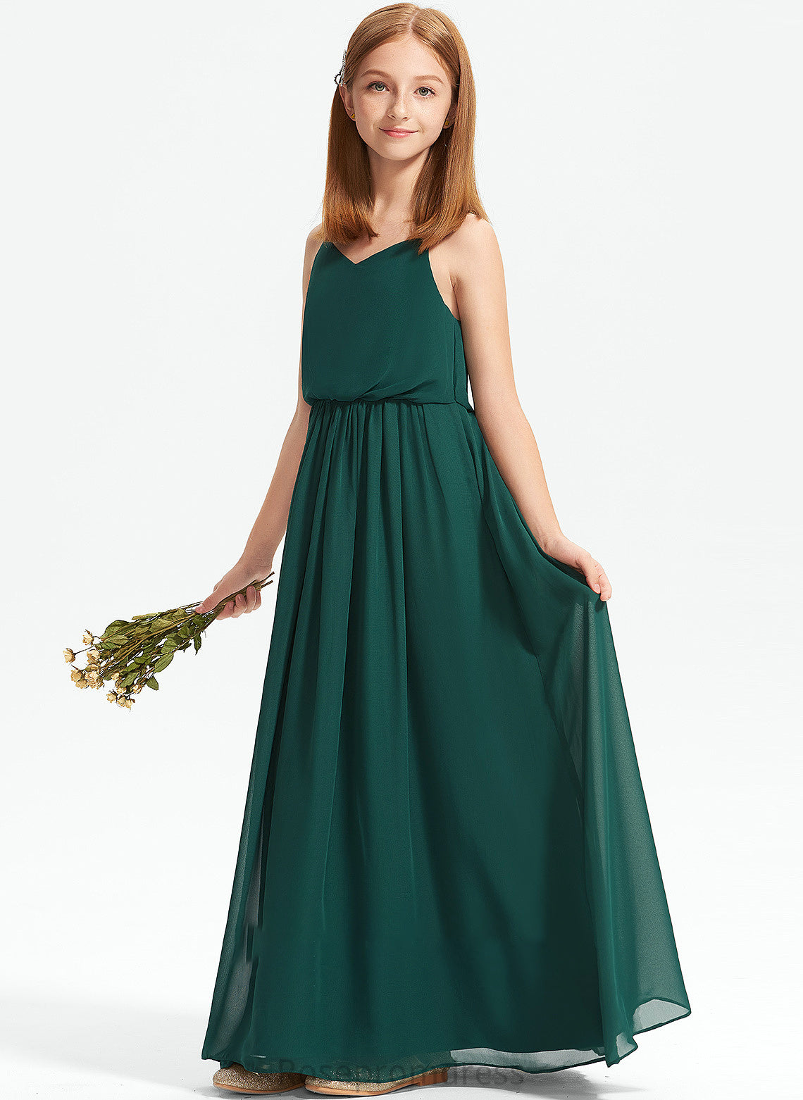 Floor-Length Junior Bridesmaid Dresses A-Line Dahlia Ruffle Chiffon V-neck With