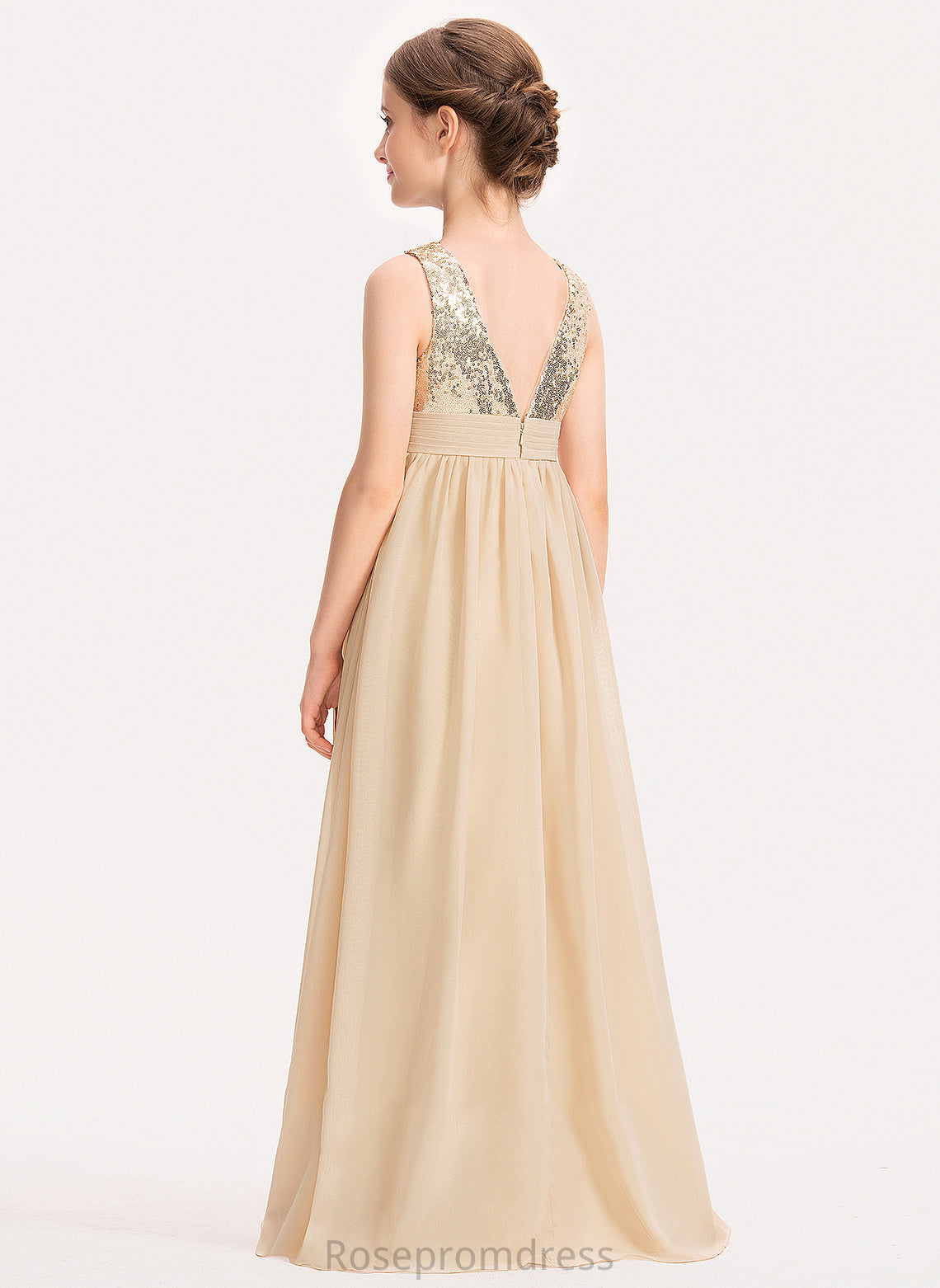 Sequined Chiffon Meg Junior Bridesmaid Dresses V-neck A-Line With Ruffle Floor-Length