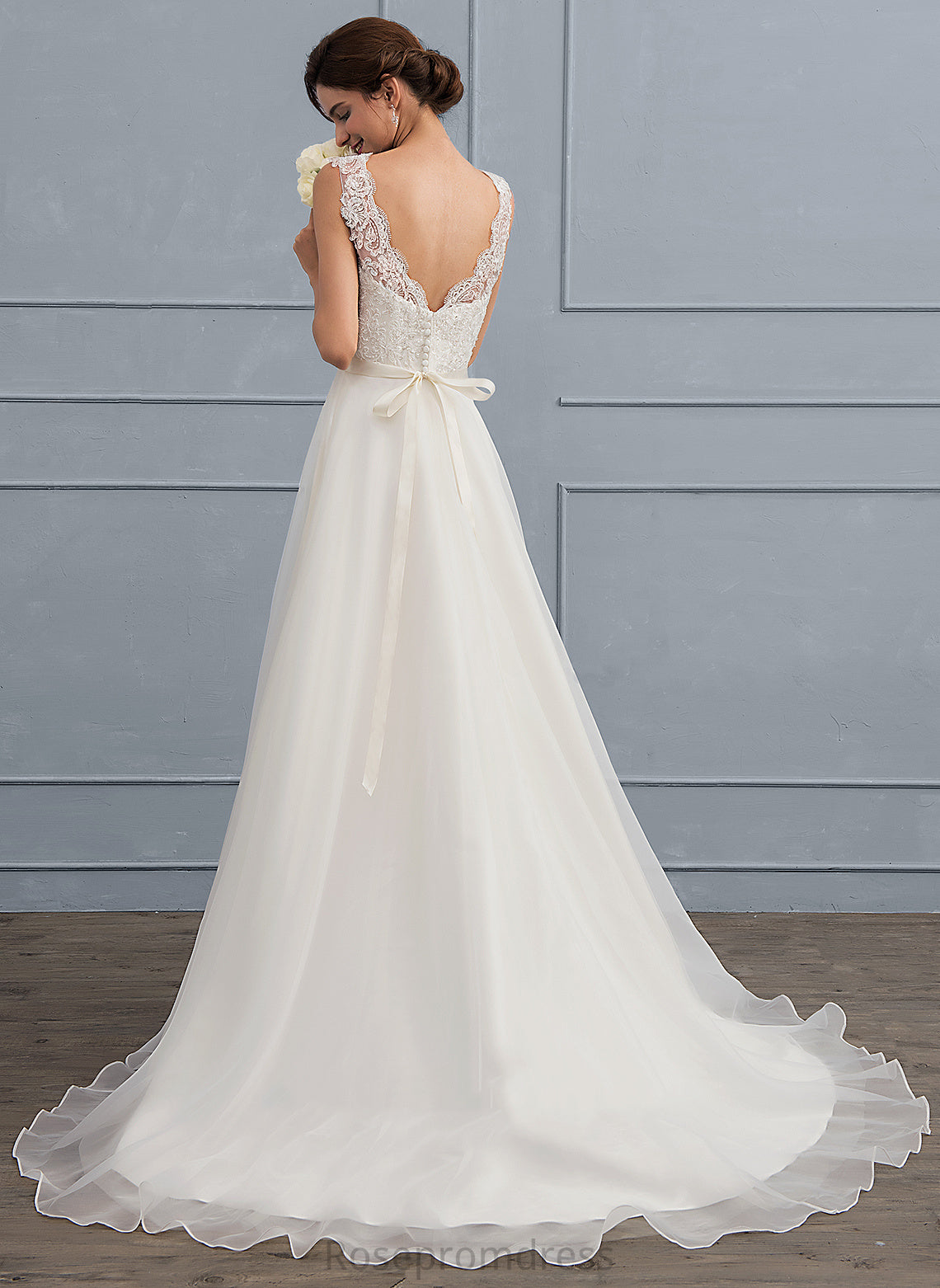 Wedding Dresses Allison A-Line Dress Sweep Beading Organza Lace With Bow(s) Wedding V-neck Train