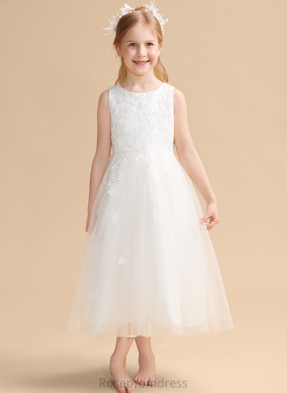 With Neck Girl Flower Girl Dresses A-Line Sleeveless Scoop Bow(s) - Satin/Tulle Tea-length Flower Dress Danika