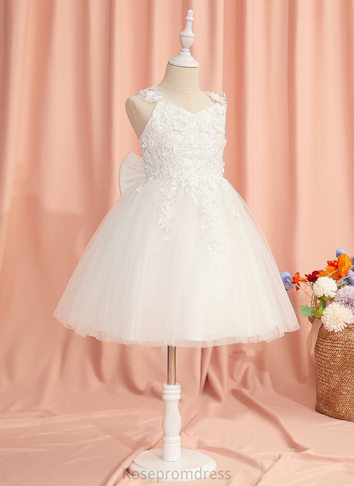 Girl Knee-length - Flower A-Line Gloria With Lace/Flower(s)/Bow(s) Tulle Flower Girl Dresses Sleeveless Straps Dress