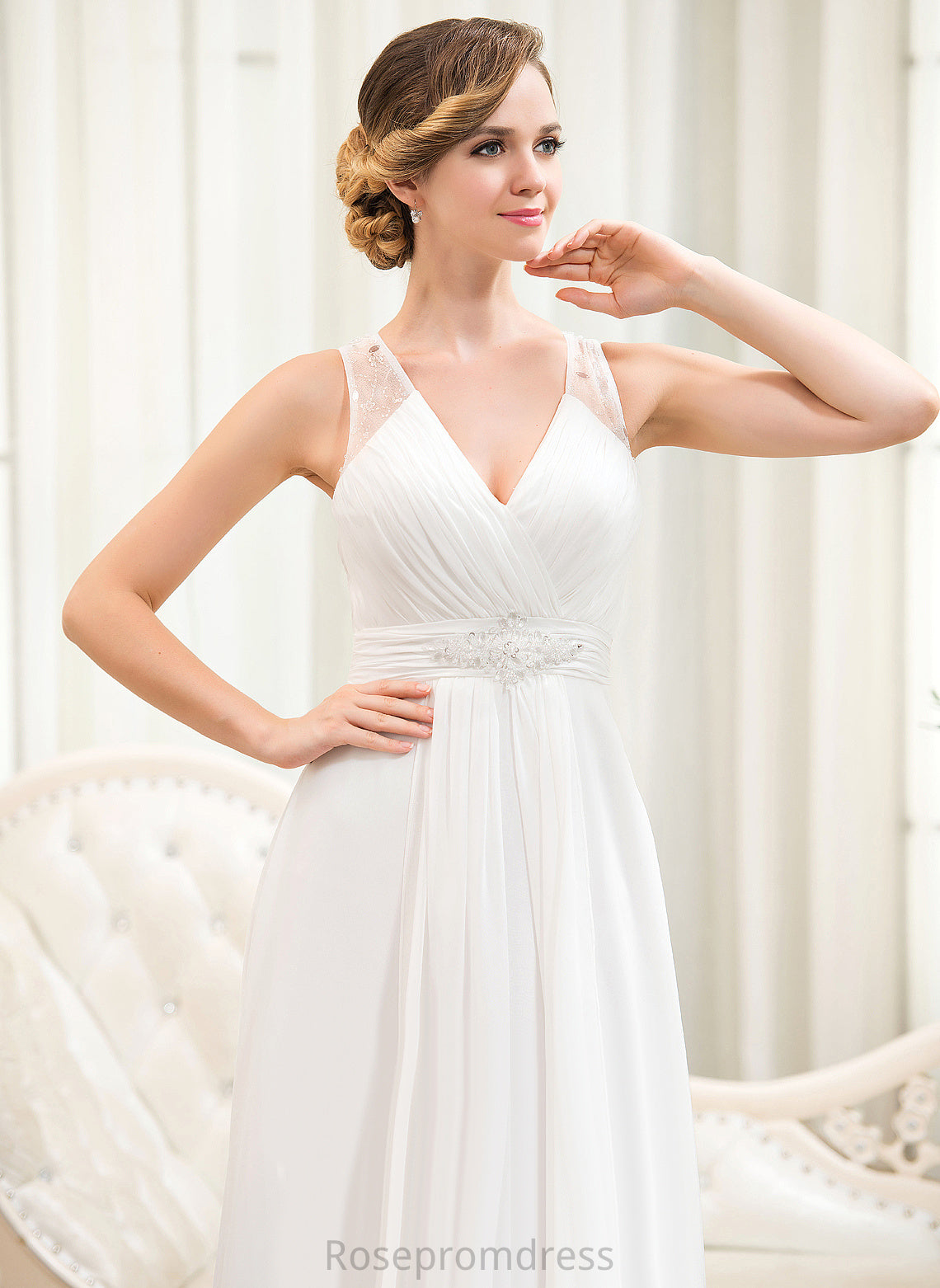 Cascading Perla Wedding Dresses Train Beading Chiffon V-neck Ruffles Sweep Tulle A-Line Wedding With Sequins Dress