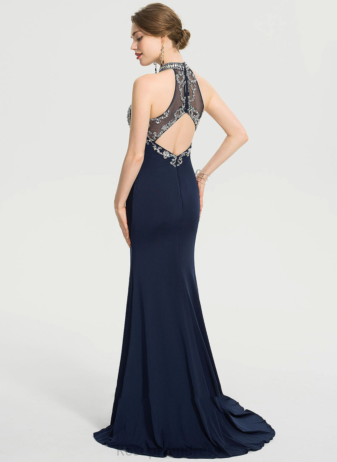 Prom Dresses Train Front Sweep Neck Adrianna Split Scoop Beading Sheath/Column Jersey With Sequins