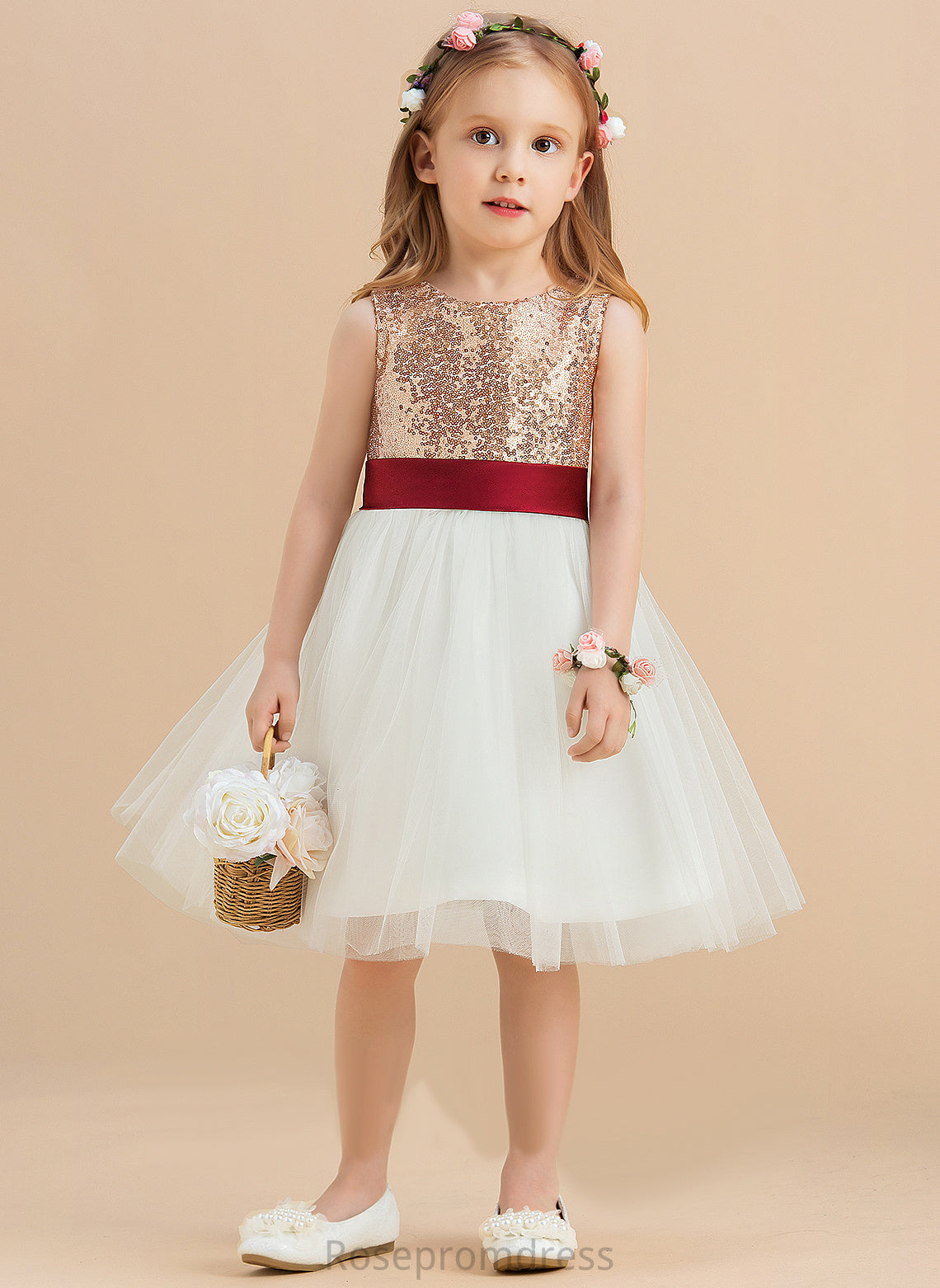 Knee-length Flower (Undetachable Girl Neck Sleeveless With Dress A-Line Satin/Tulle/Sequined Sequins/Bow(s) Flower Girl Dresses Scoop Paityn sash)