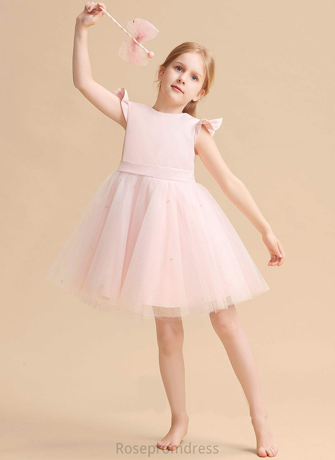 Knee-length A-Line Ruffles/Beading/Bow(s) Neck Scoop Flower Dress Girl Flower Girl Dresses Tulle Sleeveless Juliet With