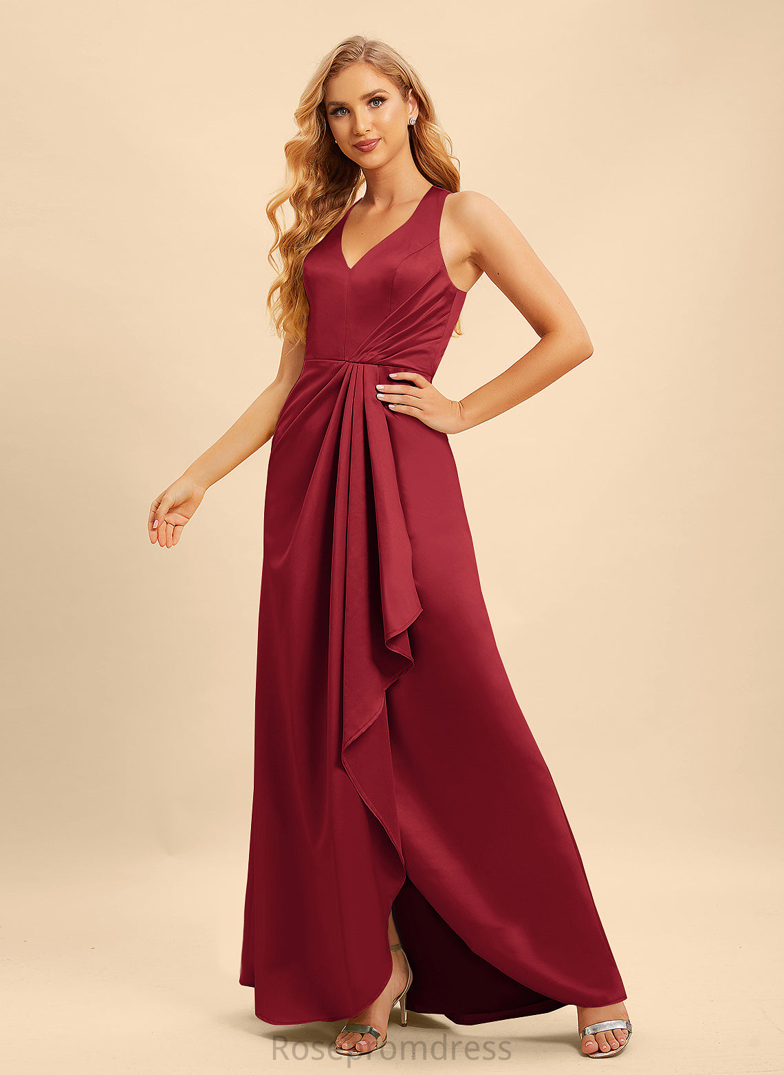 A-Line SplitFront Silhouette Fabric Length Neckline Ruffle Embellishment V-neck Floor-Length Mariah Bridesmaid Dresses