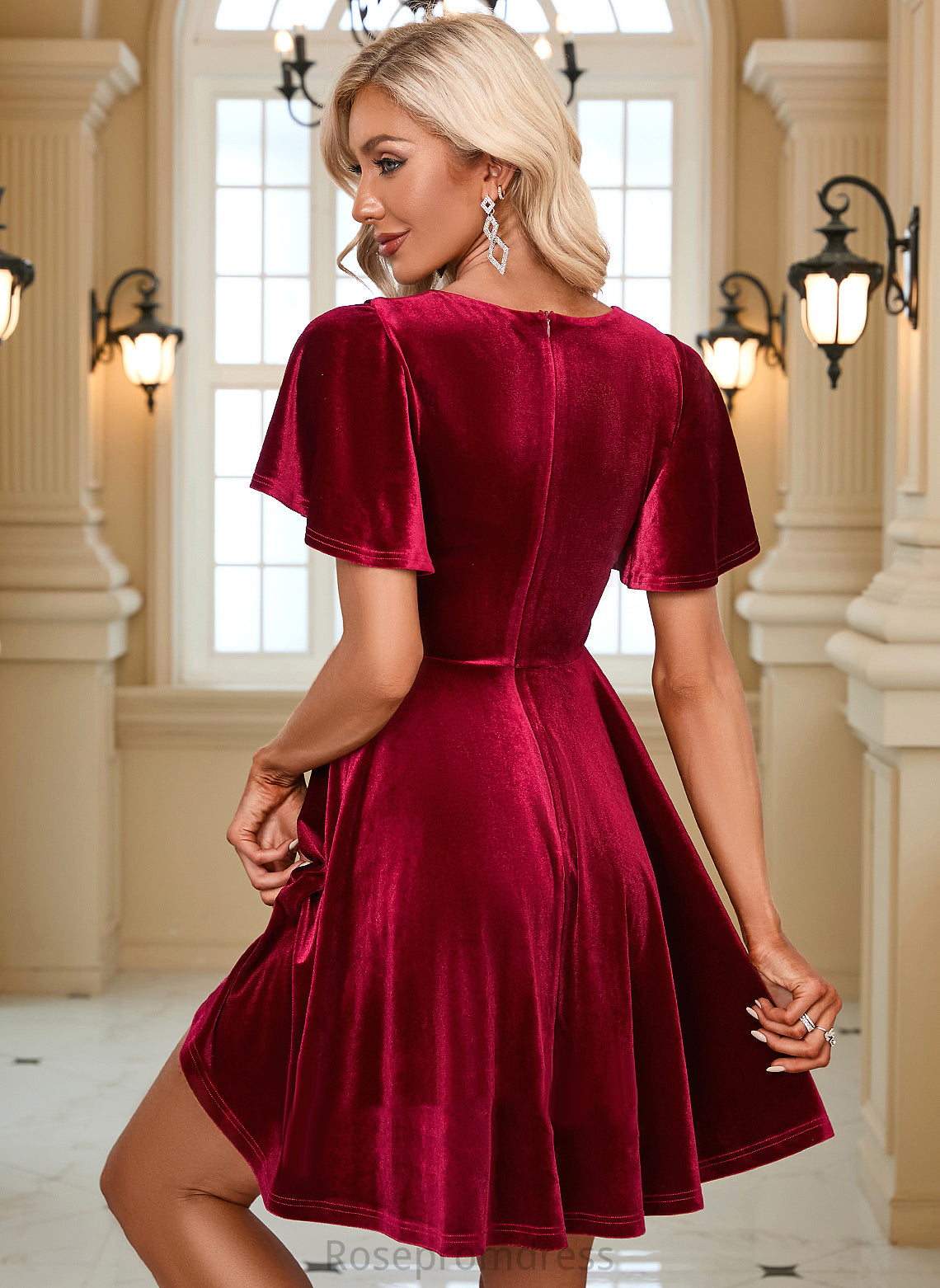 Velvet Mini Sleeves Short A-line Elegant Dresses Selah Club Dresses Neck Square