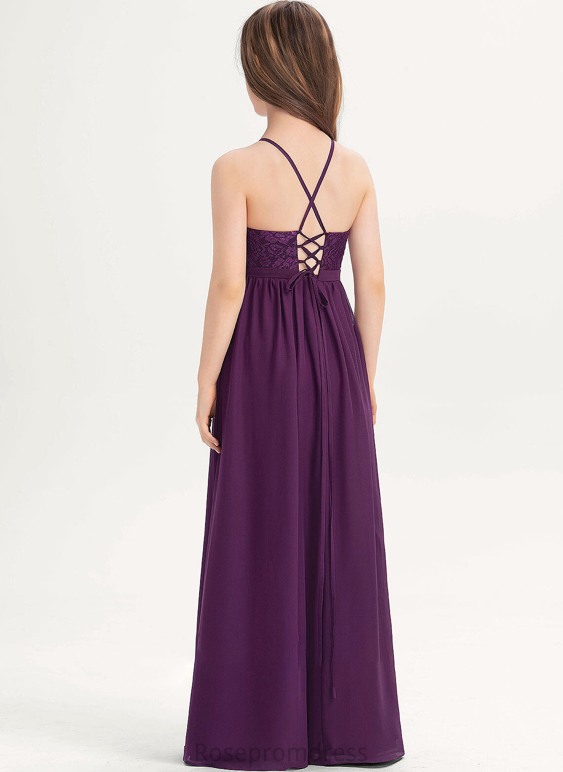 Louisa Bow(s) A-Line Square Lace With Neckline Junior Bridesmaid Dresses Floor-Length Chiffon