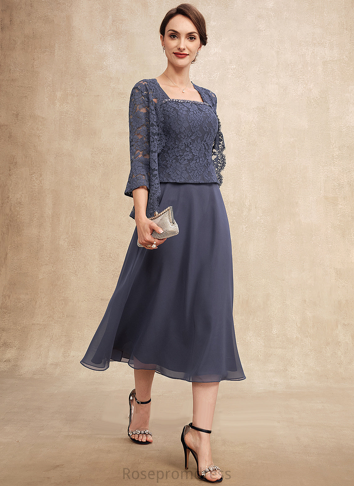 of Neckline Bride Mother Lace Chiffon Mother of the Bride Dresses A-Line With the Tea-Length Kaitlyn Square Dress Beading