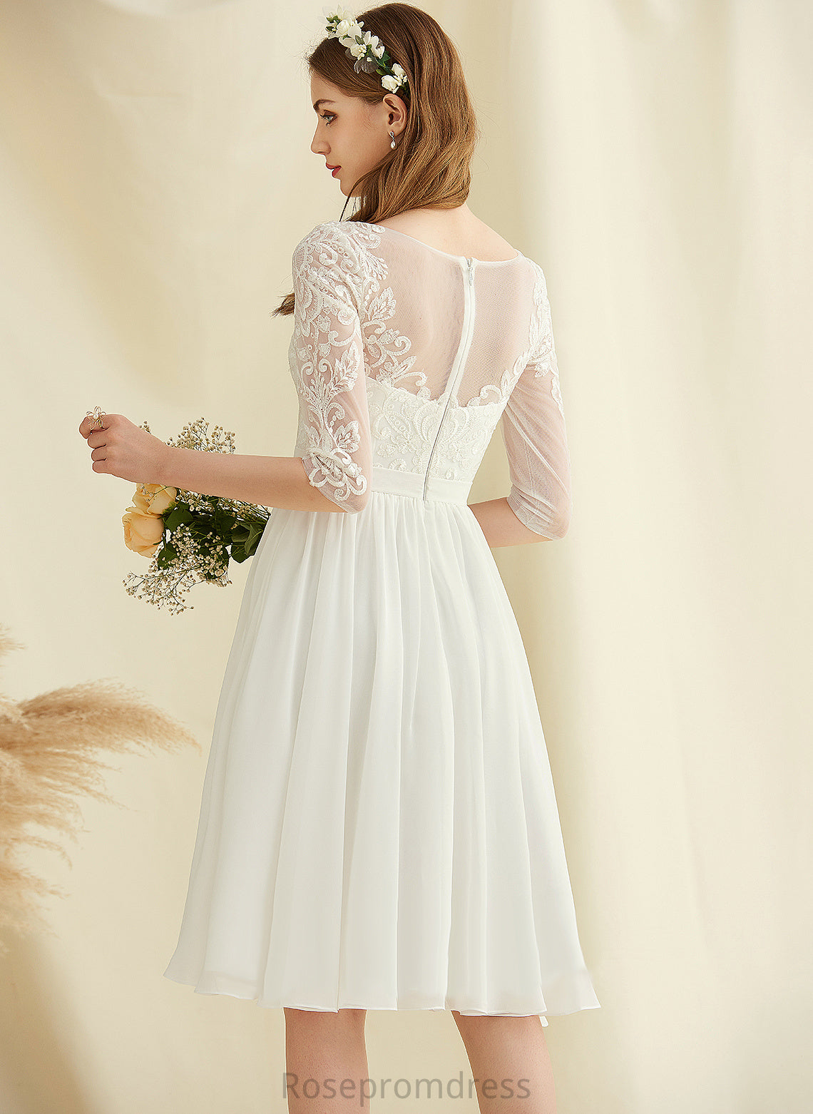 Chiffon Dress Scoop With Lace Neck Wedding Wedding Dresses Knee-Length Fernanda A-Line Sequins