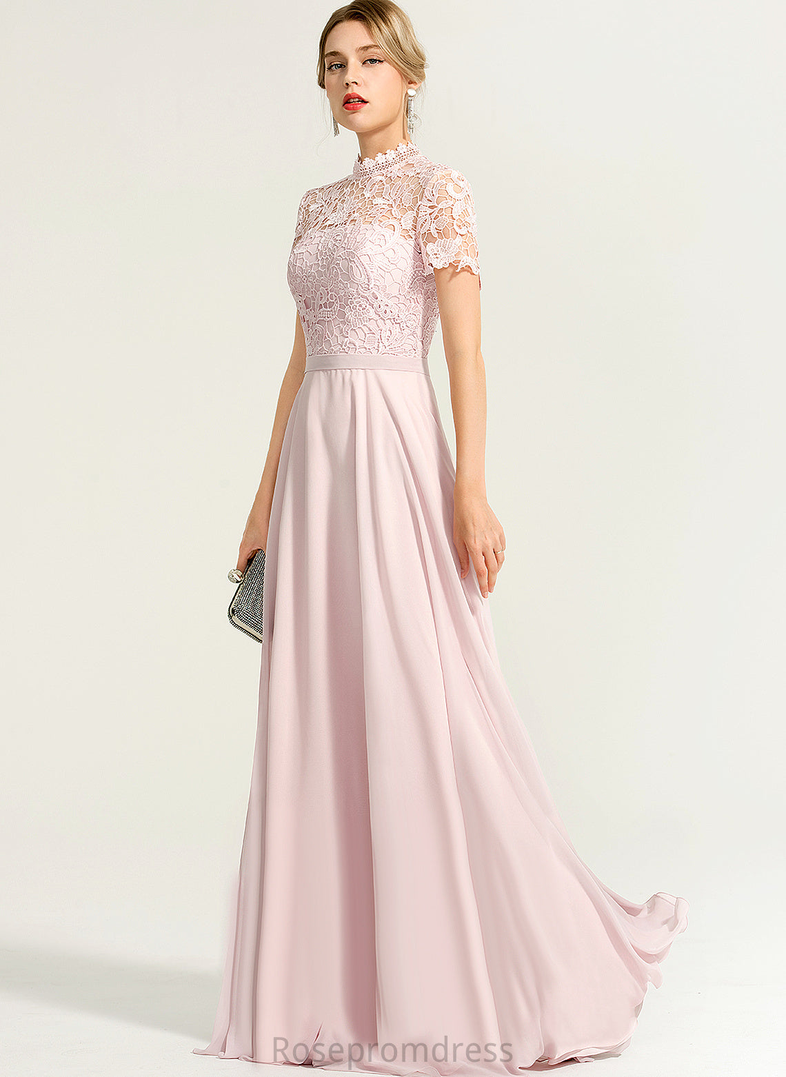 Straps&Sleeves Fabric Lace Illusion Floor-Length Silhouette A-Line Neckline HighNeck Length Hana Bridesmaid Dresses