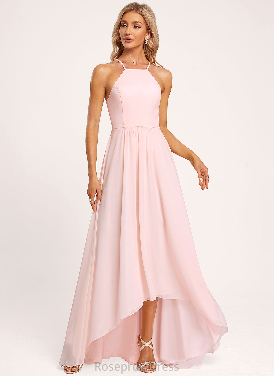 Neckline Length Straps&Sleeves Silhouette Fabric A-line Halter Asymmetrical Aniyah Scoop A-Line/Princess Natural Waist Bridesmaid Dresses