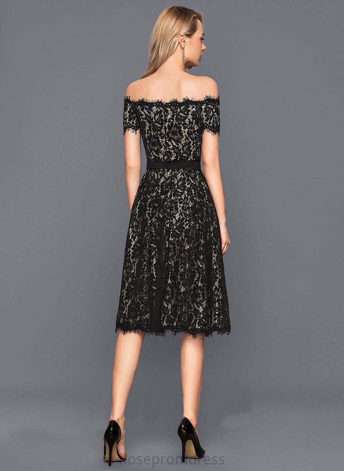 Dress A-Line Lace Cocktail Dresses Knee-Length Cocktail Kaylen Off-the-Shoulder Charmeuse