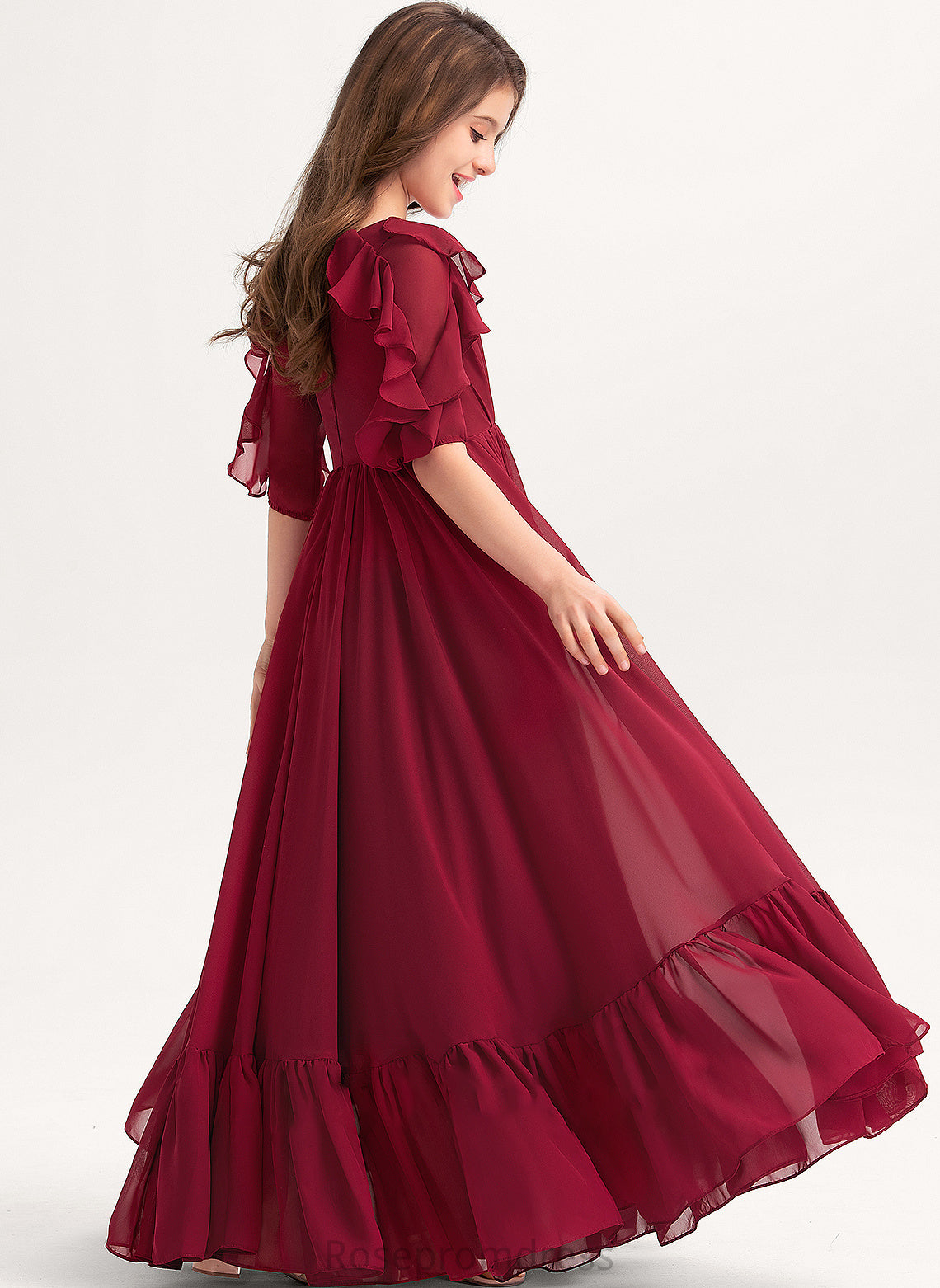 Ruffles A-Line Chiffon Junior Bridesmaid Dresses Floor-Length With Scoop Cascading Tiana Neck