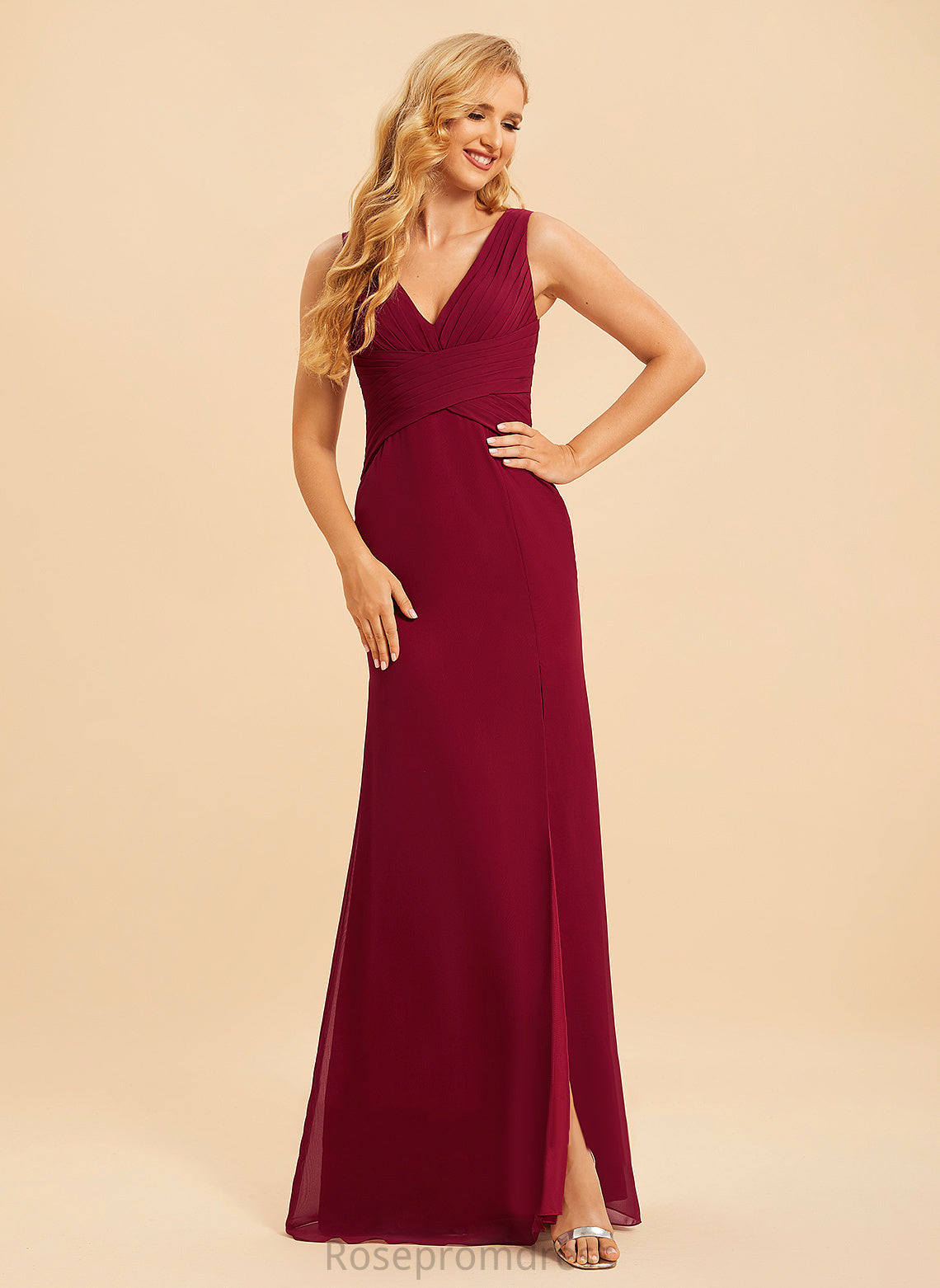 V-neck Length Silhouette SplitFront Trumpet/Mermaid Neckline Fabric Embellishment Floor-Length Salome Bridesmaid Dresses