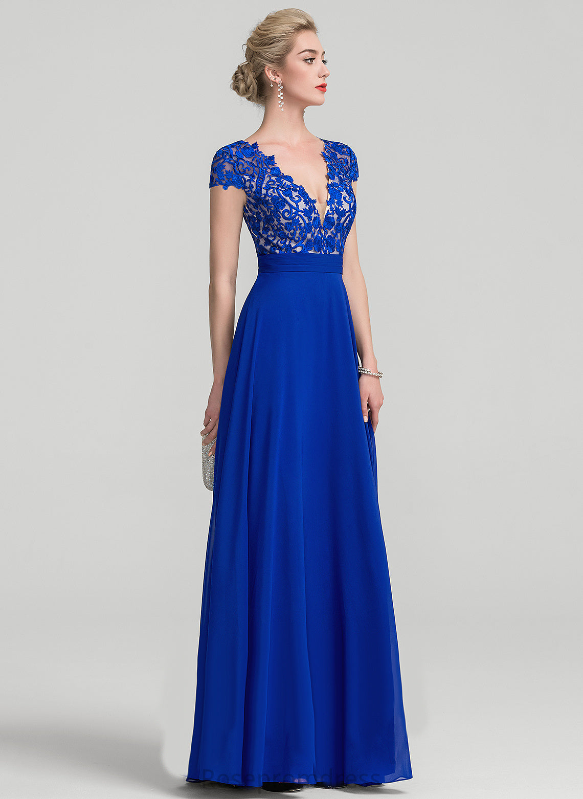 A-Line Lorna Ruffle With Floor-Length Chiffon V-neck Lace Prom Dresses