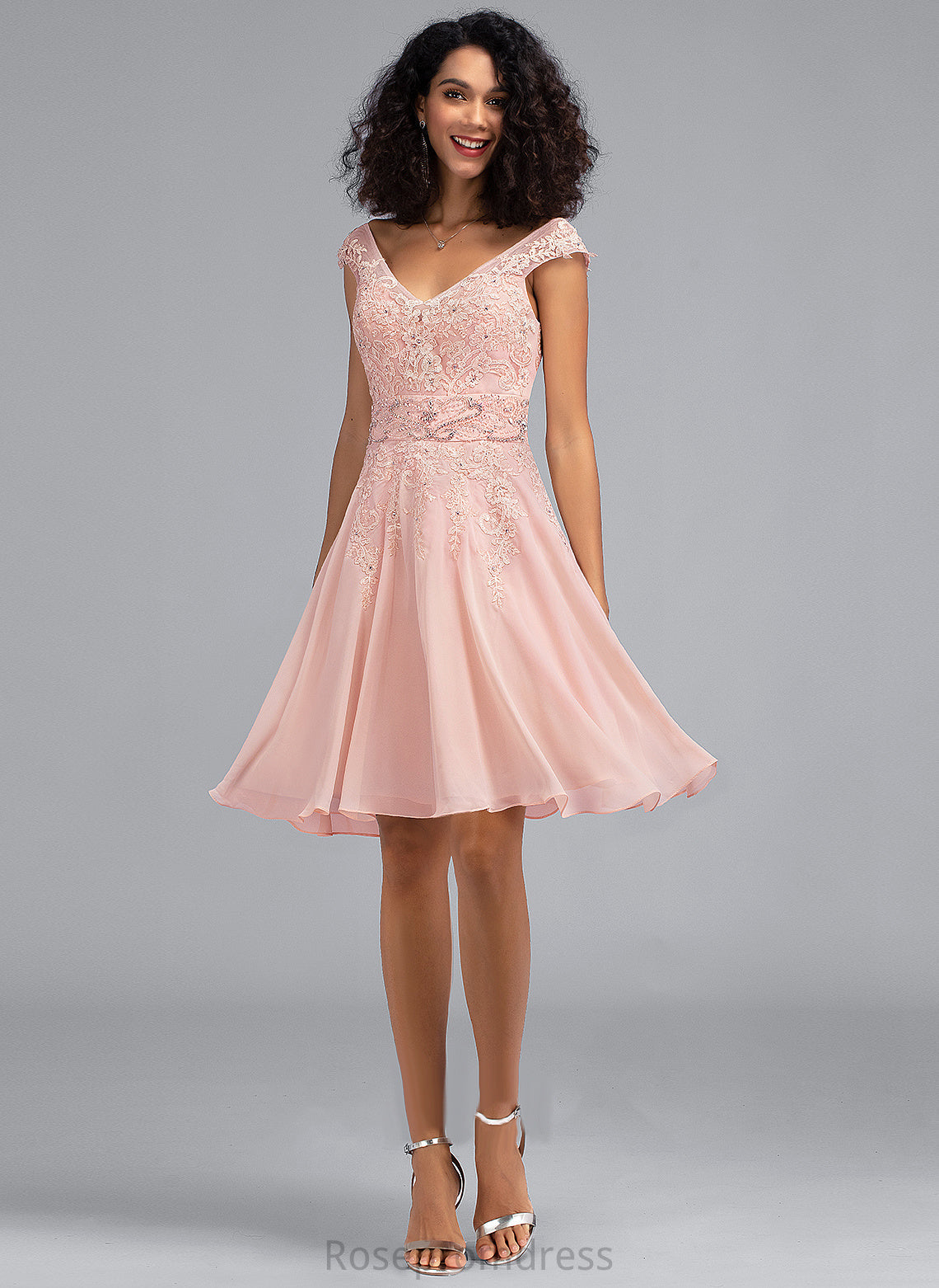 Homecoming Knee-Length Chiffon Maud With A-Line Homecoming Dresses Beading Lace V-neck Dress