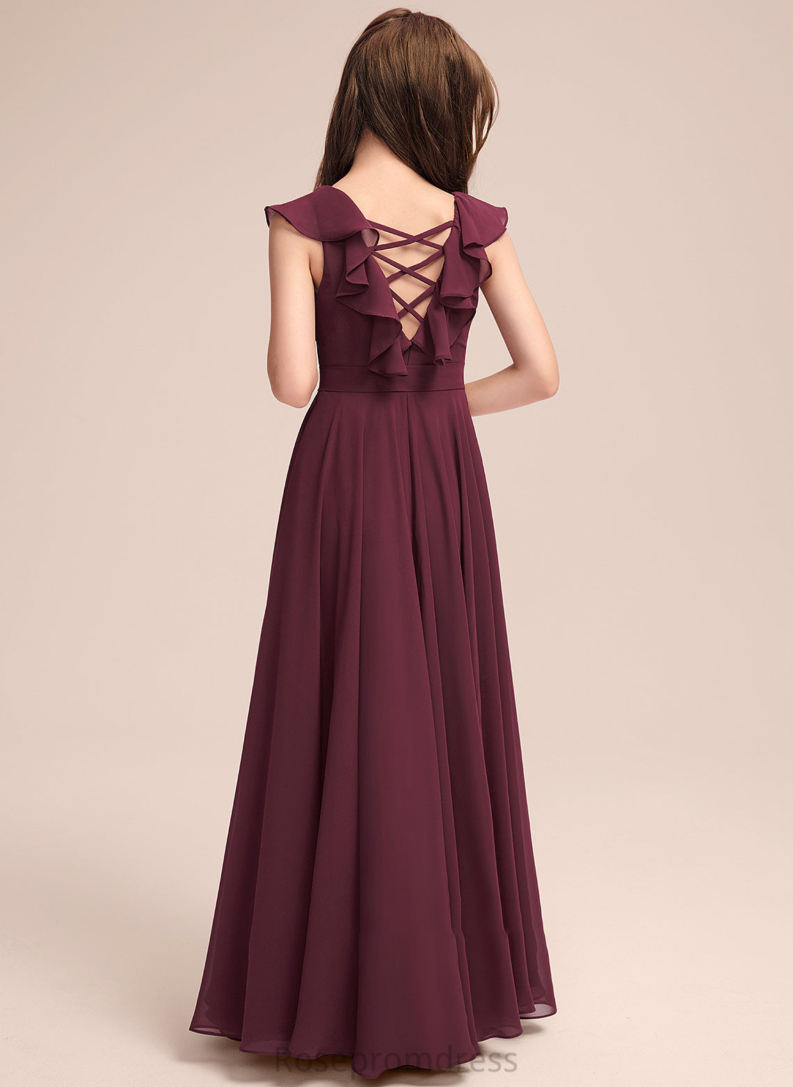 Chiffon Ruffles Floor-Length Cascading Junior Bridesmaid Dresses With A-Line Neck Elva Scoop