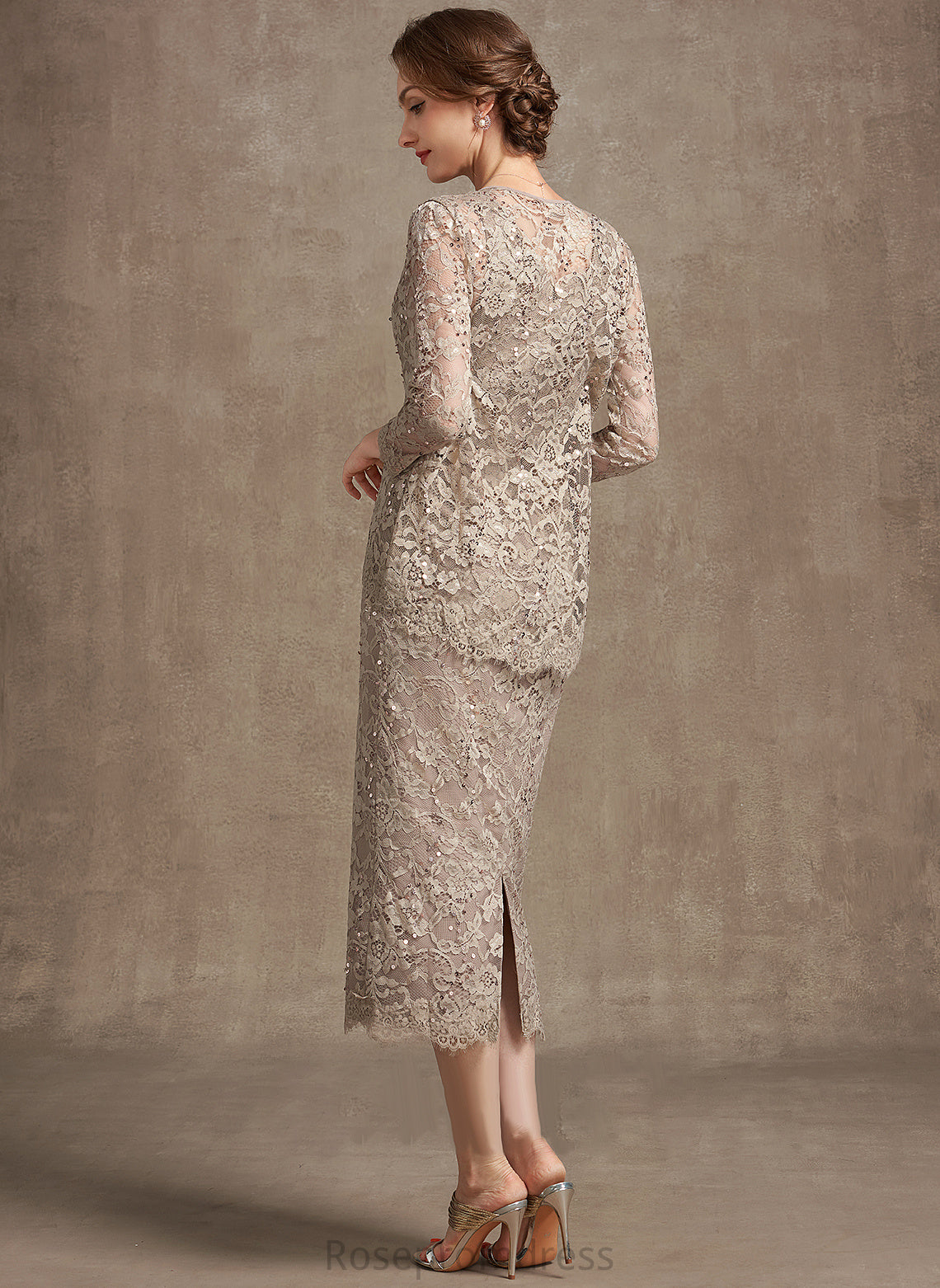 Scoop Sequins Dress of Lace the Mother With Mother of the Bride Dresses Sheath/Column Tea-Length Neck Marin Bride