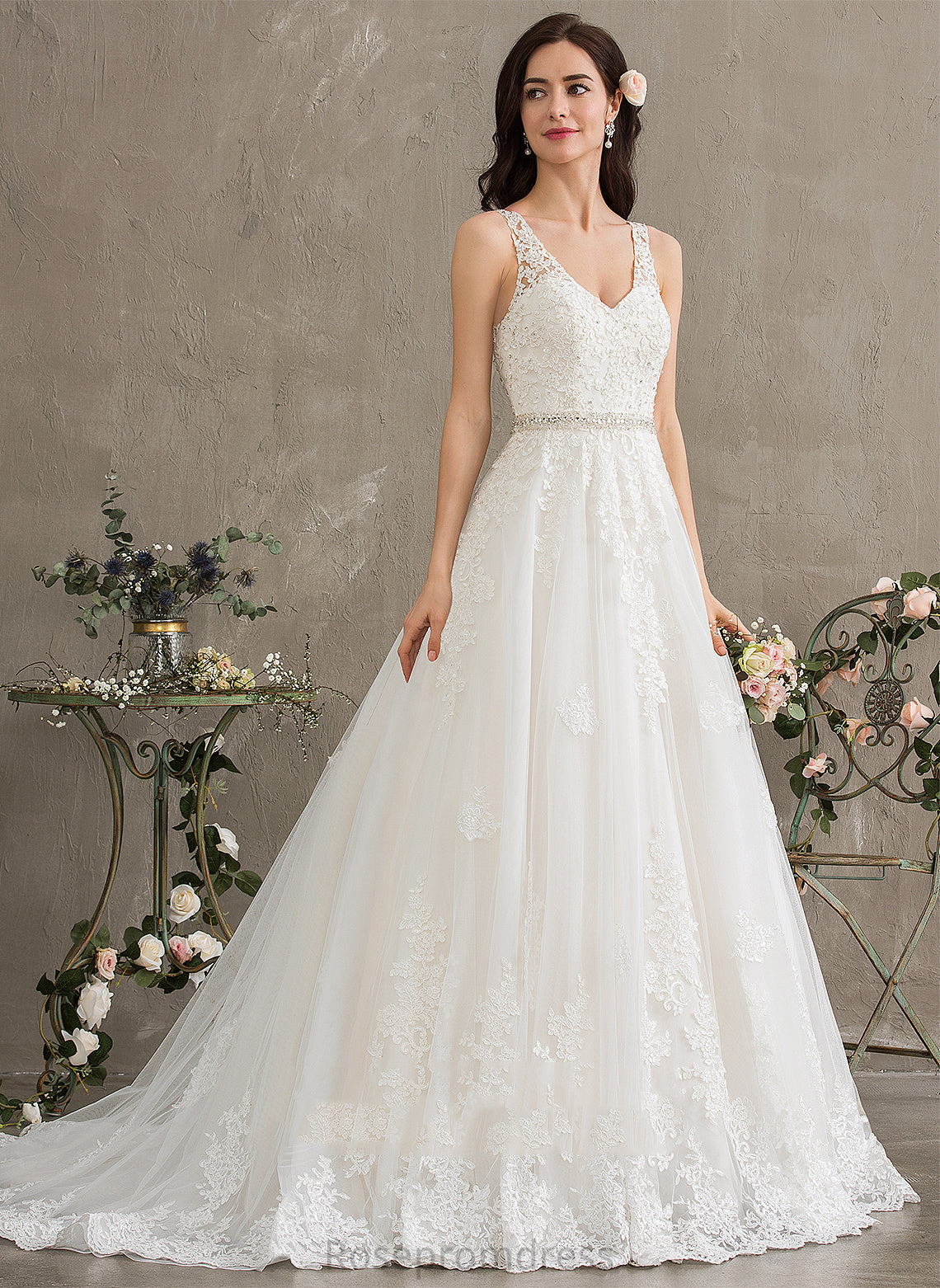 Wedding Dresses V-neck Court Beading Kenna Train With Sequins Ball-Gown/Princess Wedding Lace Dress Tulle