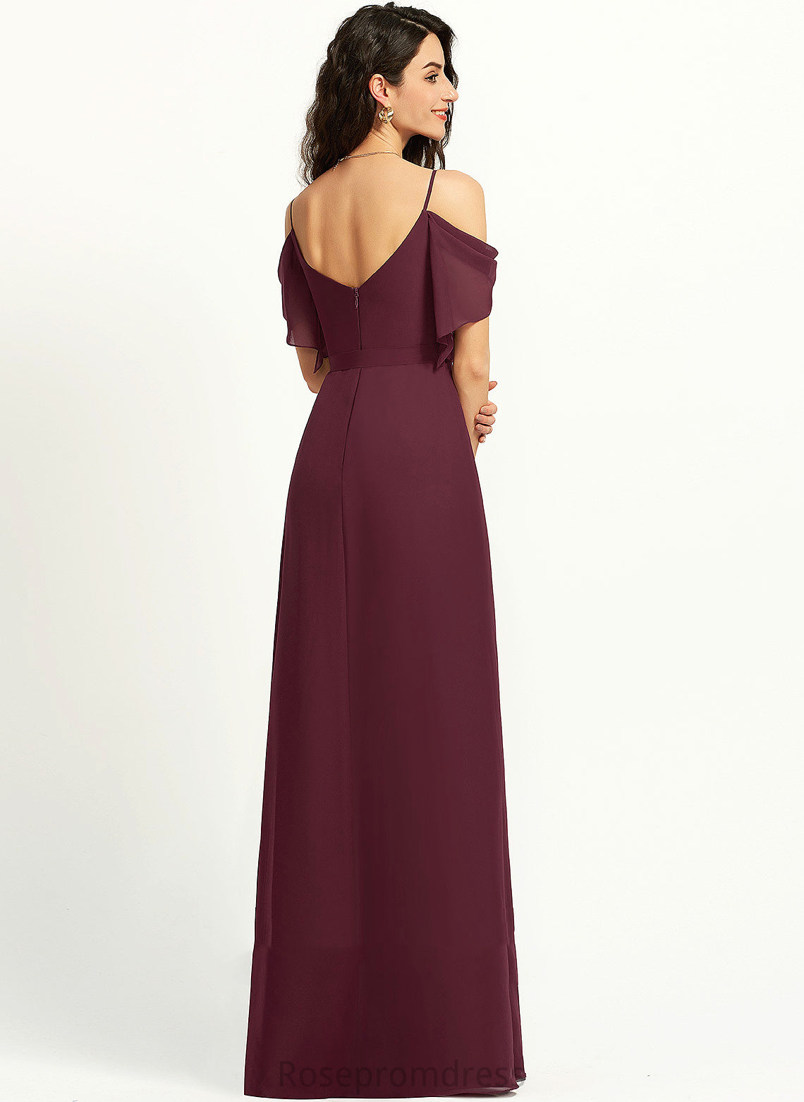 V-neck A-Line SplitFront Embellishment Length Neckline Ruffle Silhouette Sash Fabric Floor-Length Halle Bridesmaid Dresses