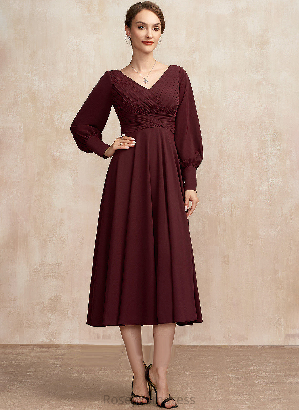 Dress Tea-Length A-Line Mother of the Bride Dresses Mother Ruffle With Elise V-neck the Bride of