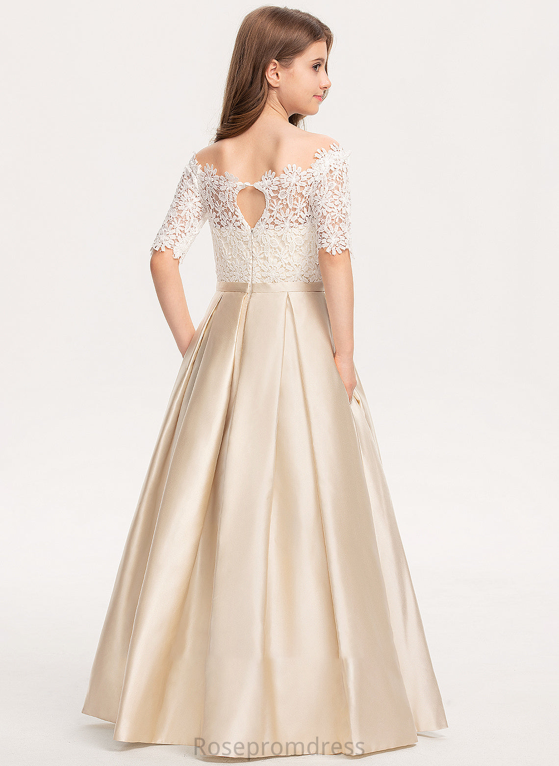 Bow(s) Satin Off-the-Shoulder Ball-Gown/Princess Lace Junior Bridesmaid Dresses Floor-Length Imani With Pockets