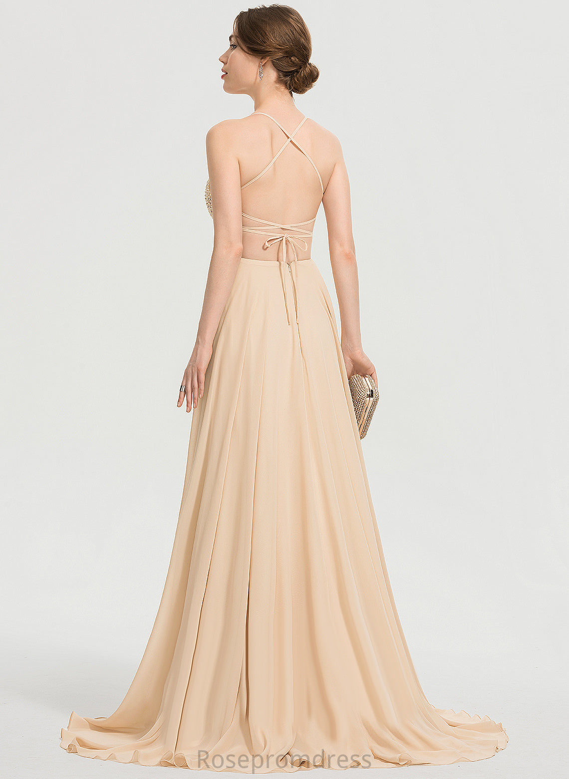 Square With Sequins Prom Dresses Sweep Train Chiffon A-Line Beading Kassidy