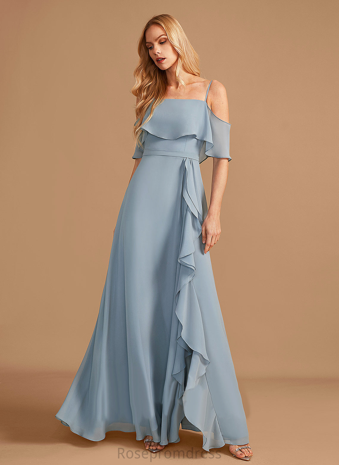 Length SplitFront Silhouette Neckline A-Line Fabric Floor-Length Off-the-Shoulder Ruffle Embellishment Scarlet Bridesmaid Dresses