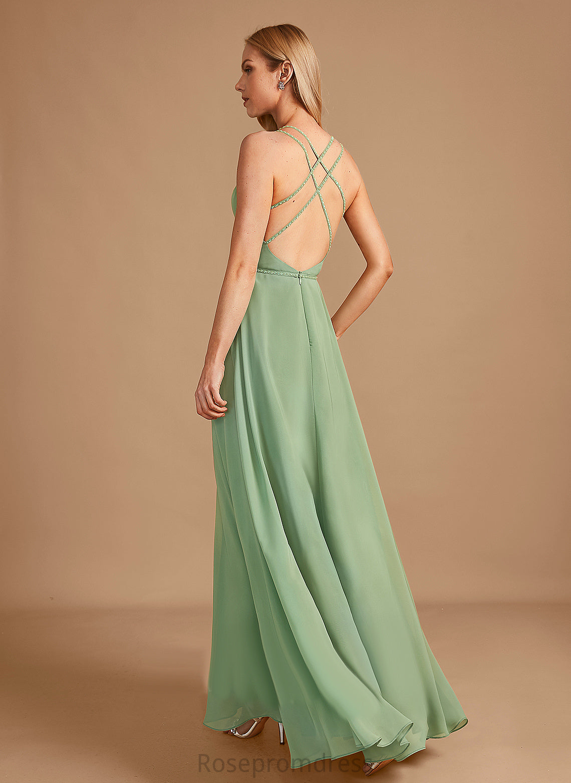 Floor-Length Silhouette Sequins V-neck Neckline Length Beading Fabric Embellishment A-Line America Bridesmaid Dresses