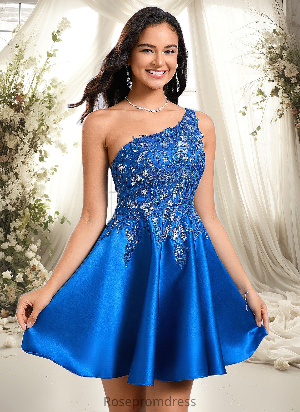 Riya A-line One Shoulder Short Satin Homecoming Dress With Appliques Lace Sequins DSP0025657