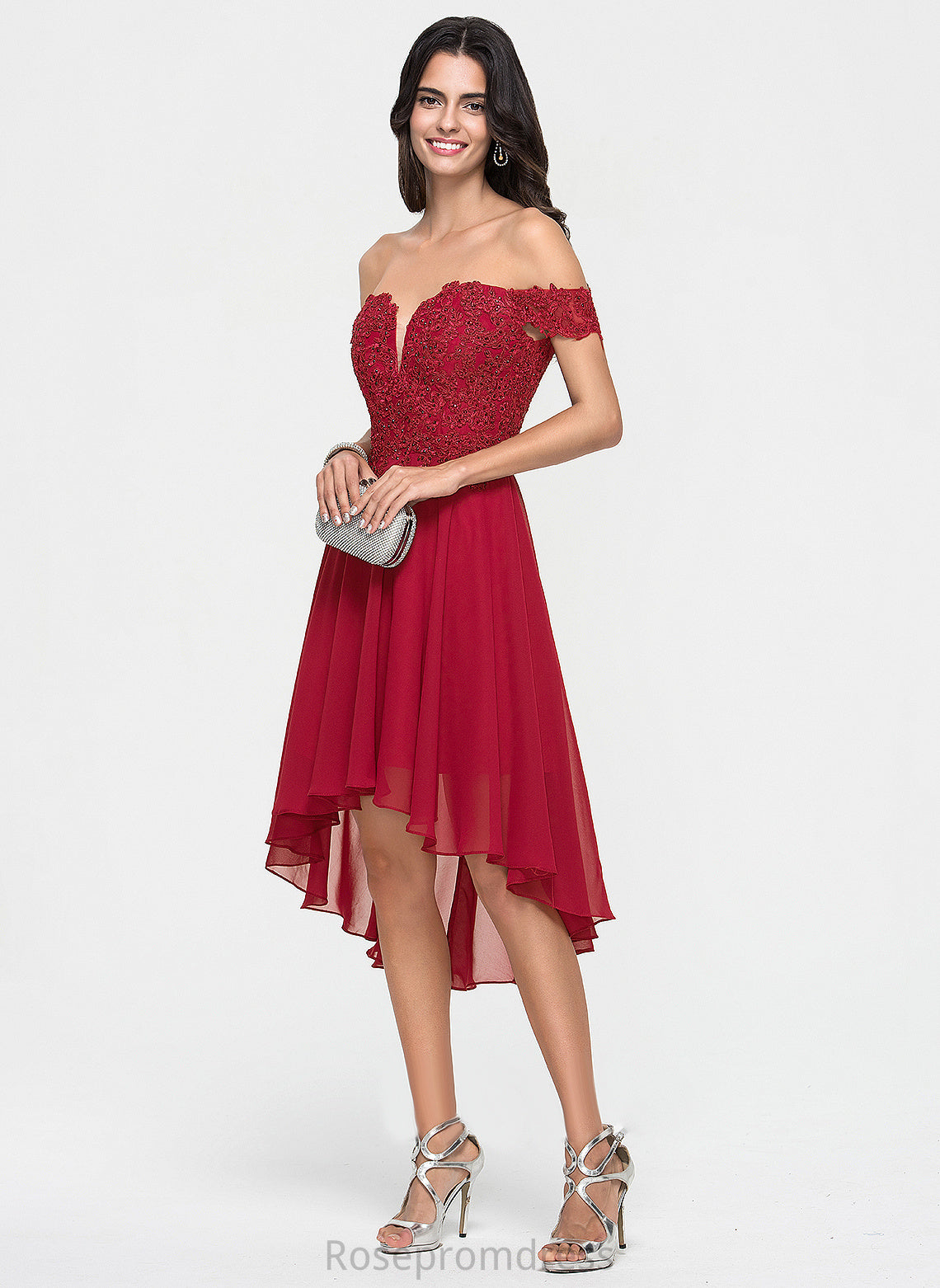 Dress Off-the-Shoulder Lace Cocktail Chiffon Asymmetrical Cocktail Dresses A-Line Beading With Linda