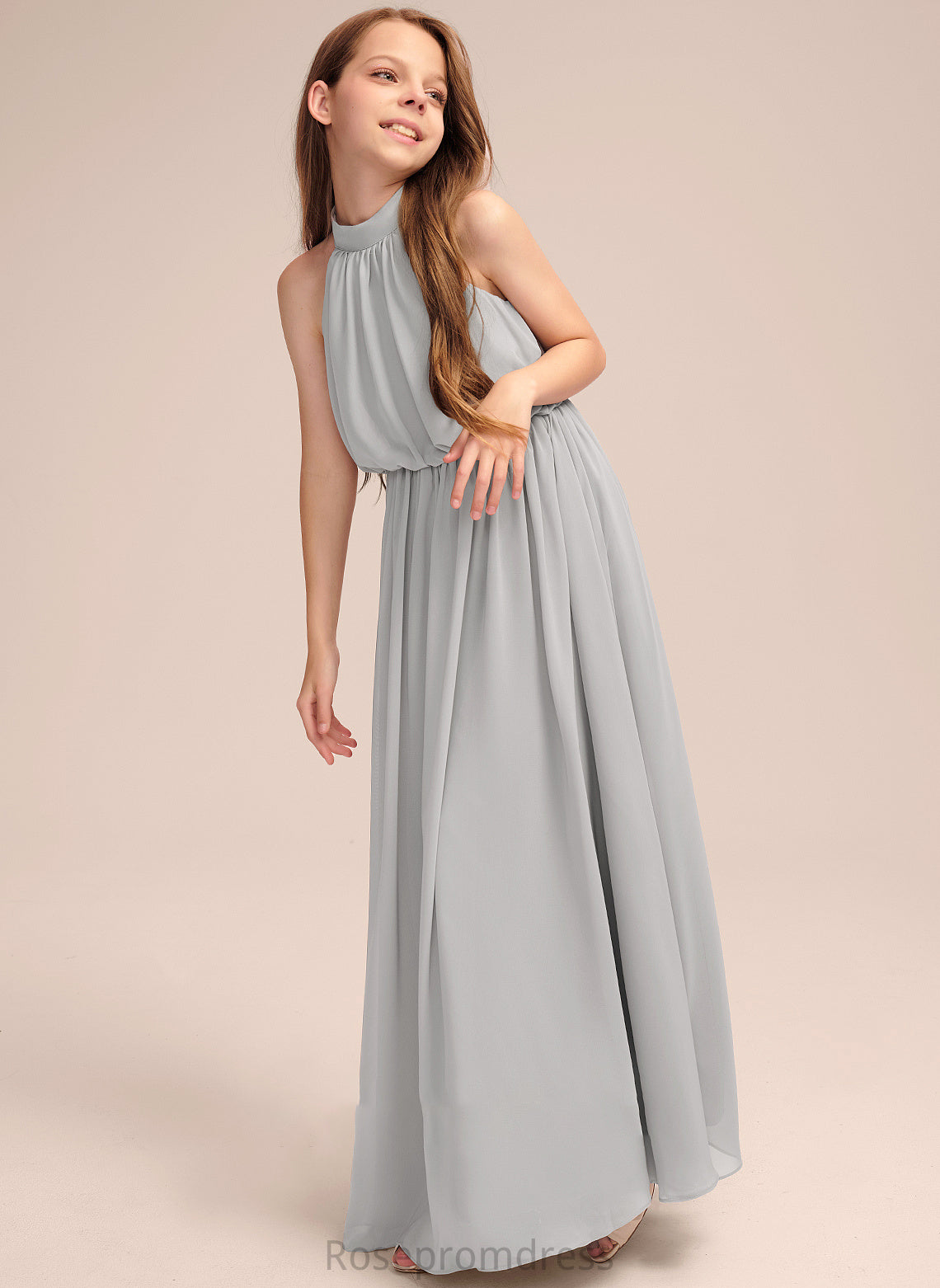 High A-Line Chiffon Junior Bridesmaid Dresses Maritza Neck Floor-Length With Ruffle