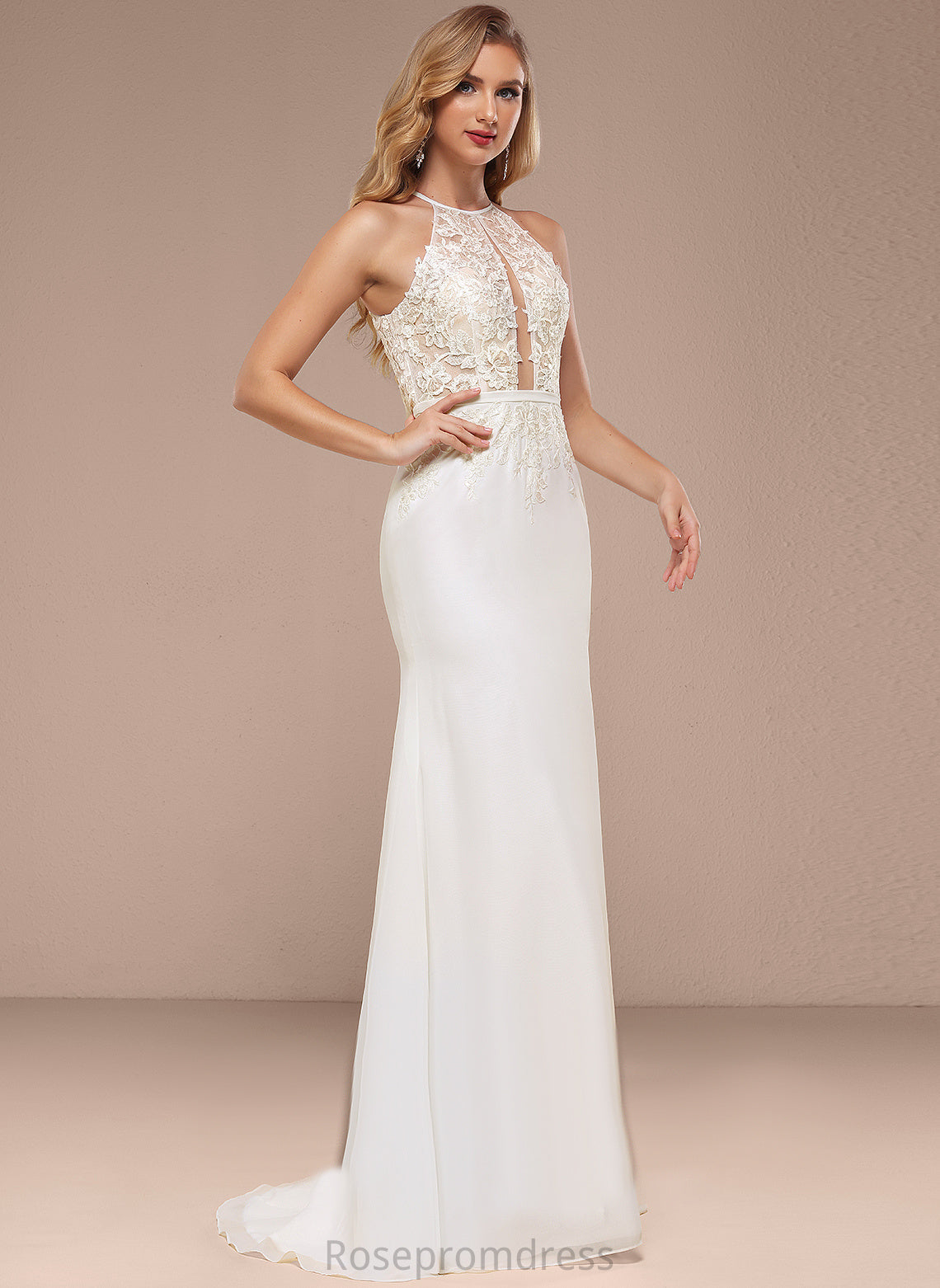 Trumpet/Mermaid Sequins Dress With Halter Wedding Dresses Wedding Train Angela Chiffon Lace Sweep