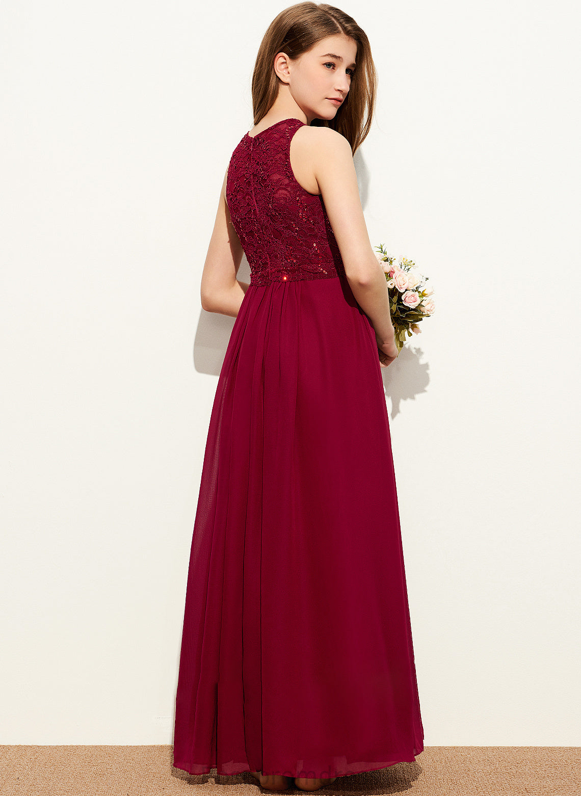 Jamie With Neck Chiffon Sequins Scoop Floor-Length Junior Bridesmaid Dresses Lace A-Line