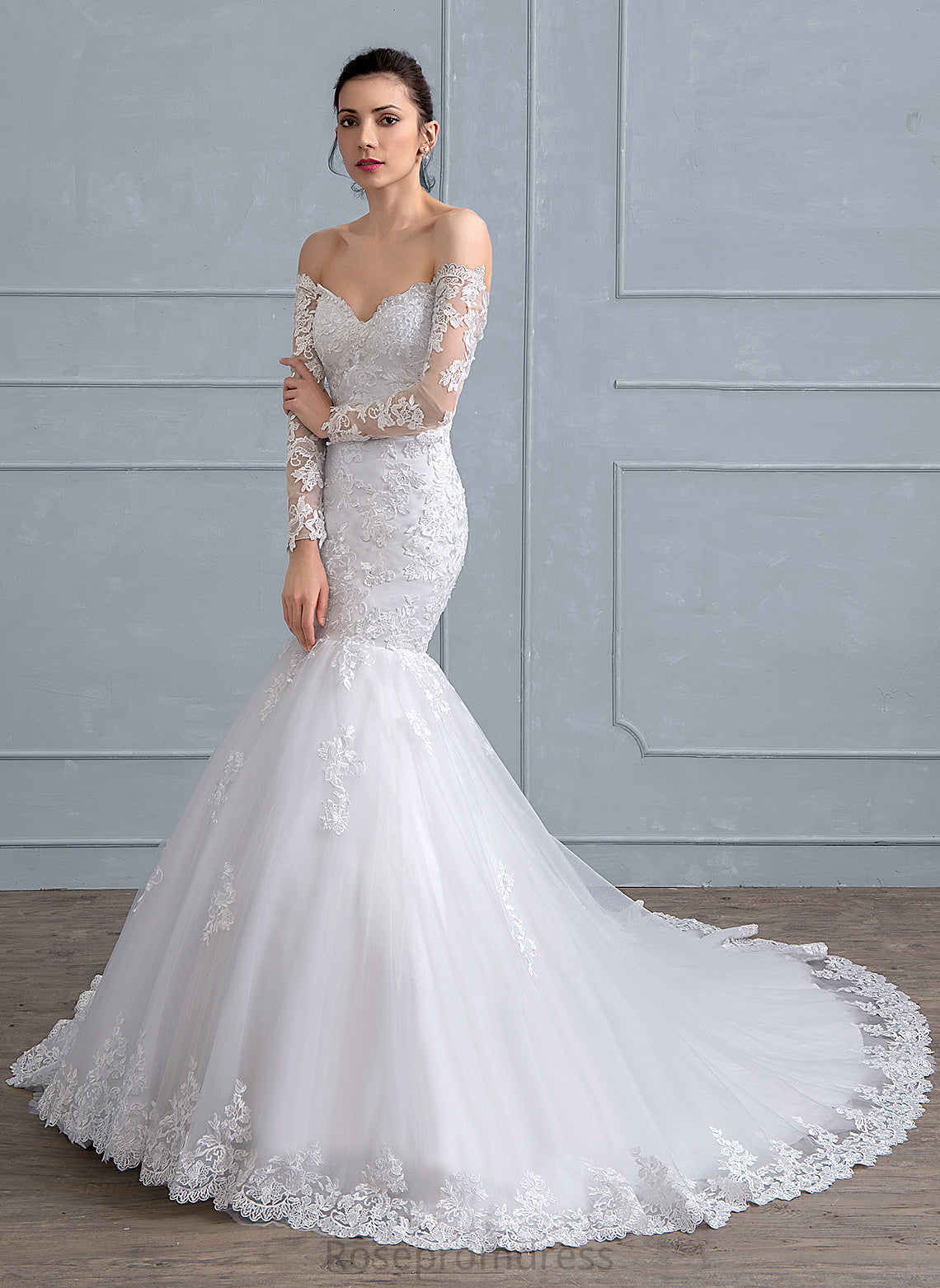 Trumpet/Mermaid Beading Dress Tulle Lace Sequins Wedding Dresses Court Off-the-Shoulder Train With Wedding Jessica